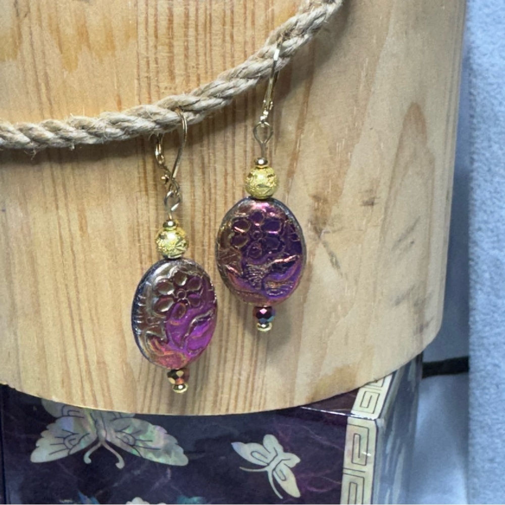 Artisan Gold and Purple Czech Glass Dangle Earrings - Picture 1 of 5